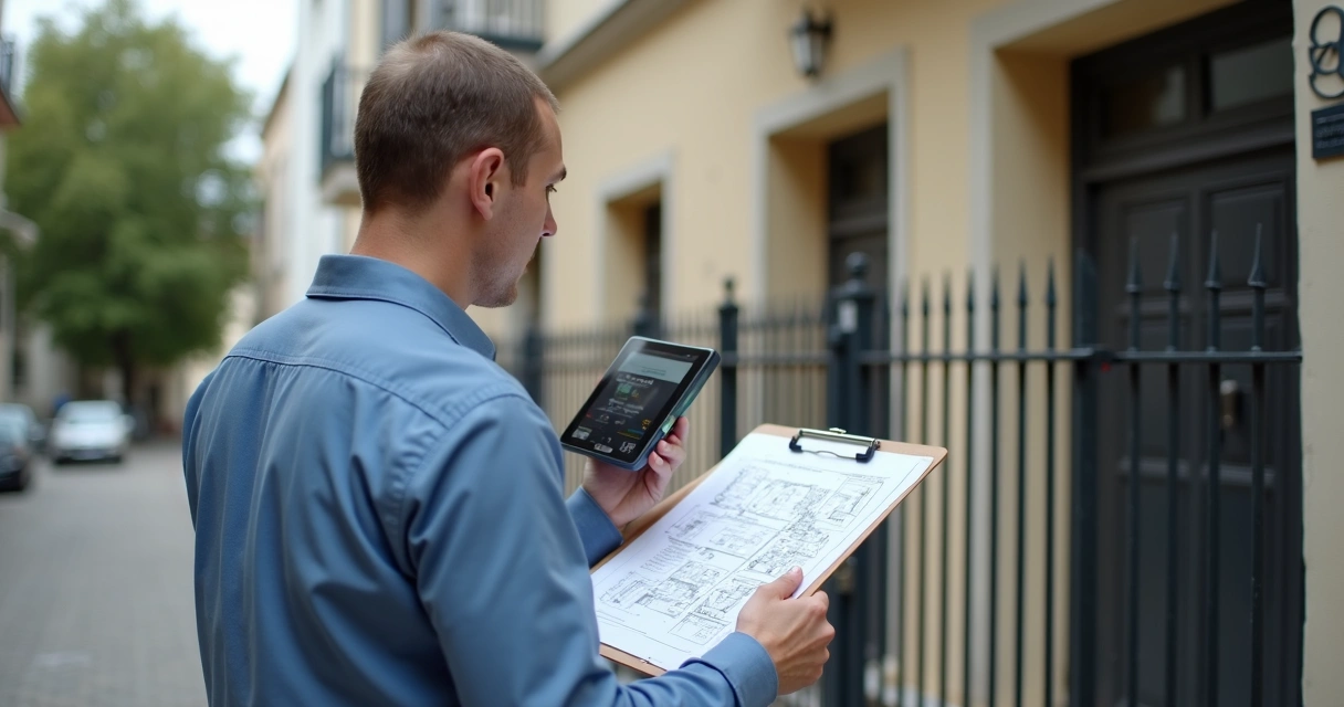 Perito vistoriando imóvel com planta e tablet 