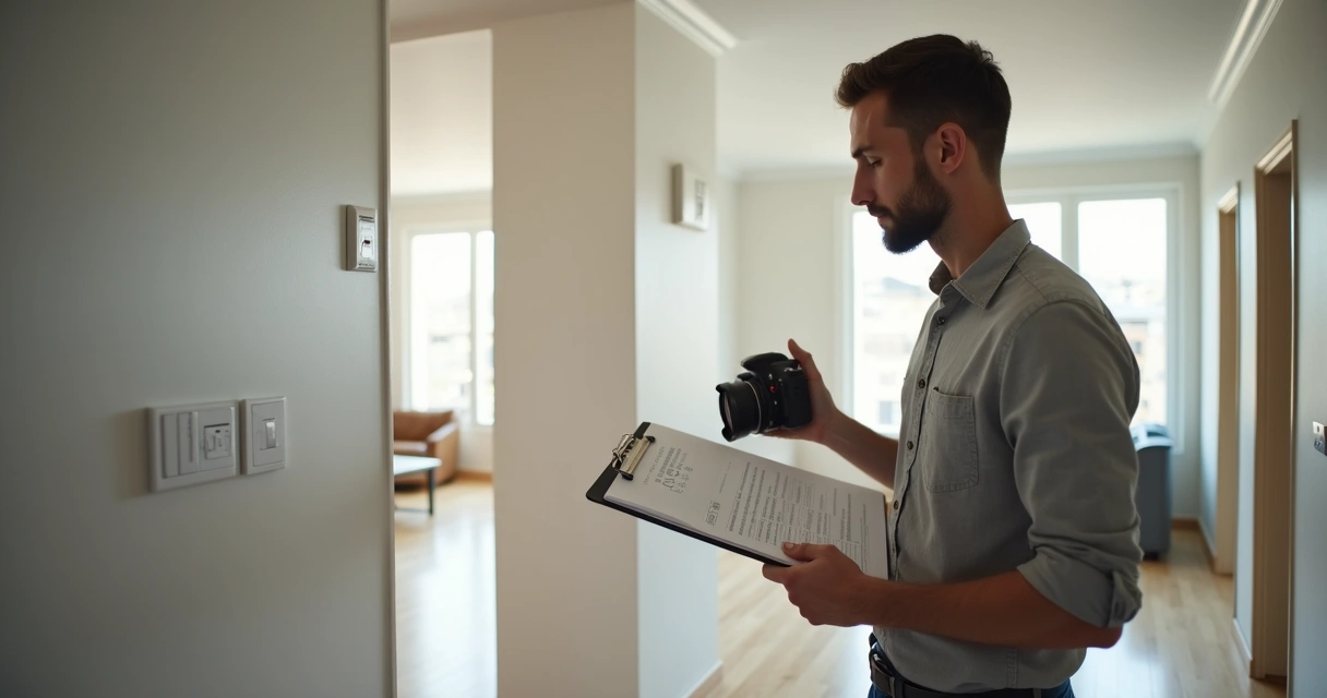 Pessoa fazendo vistoria detalhada em imóvel com checklist e câmera para registro fotográfico 