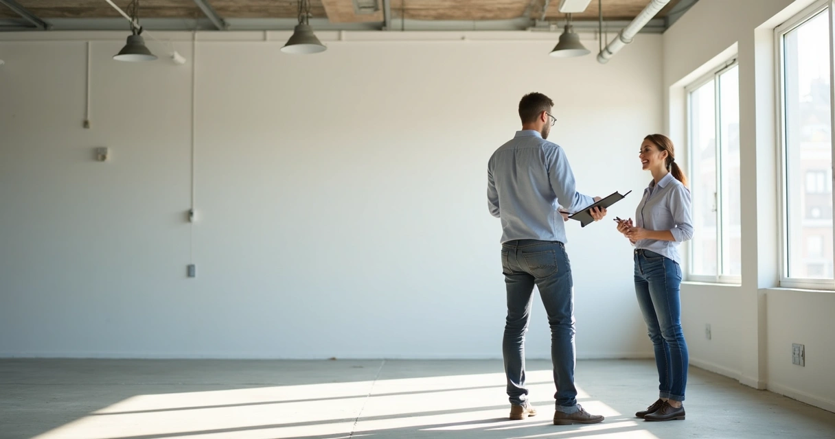 Corretor verificando detalhes em sala comercial vazia iluminada 