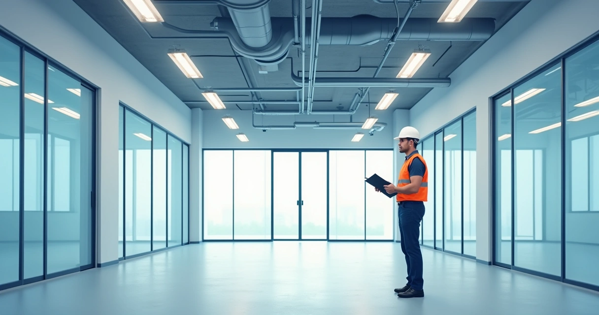 Engenheiro com capacete inspecionando loja vazia 