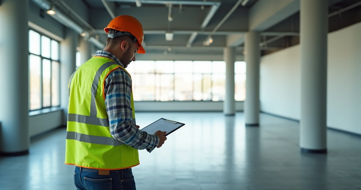 Engenheiro com prancheta faz vistoria em imóvel comercial vazio 
