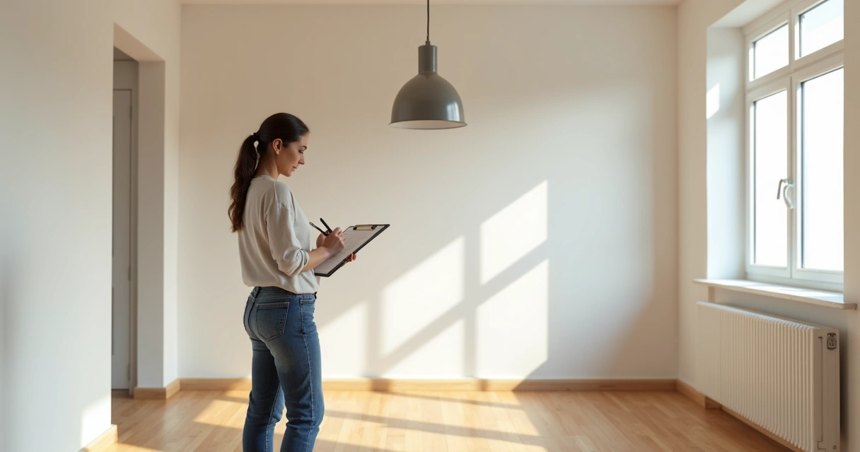 Pessoa com prancheta fazendo vistoria em imóvel vazio 