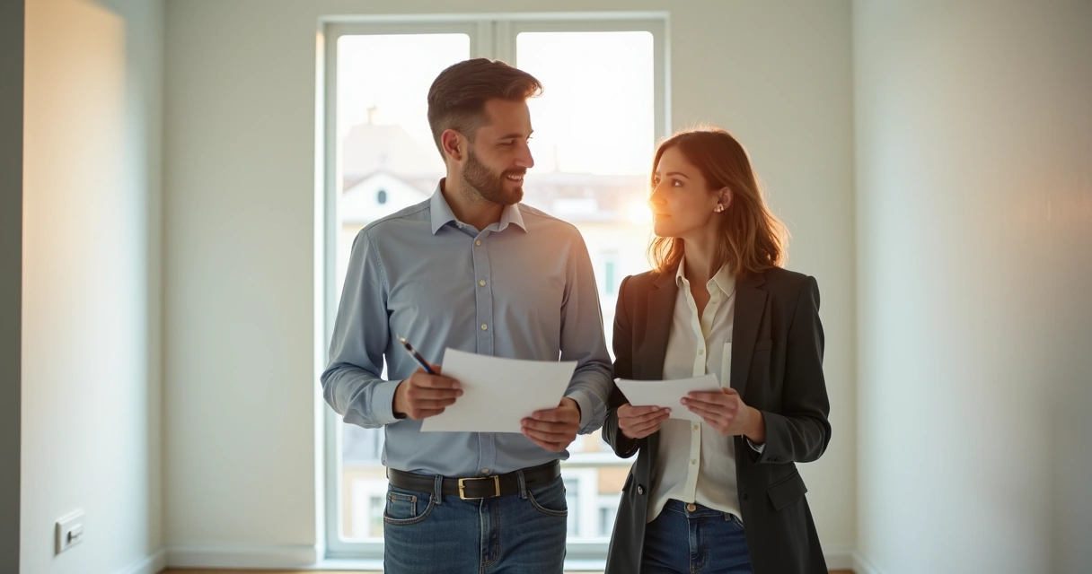 Corretor imobiliário mostrando detalhes de imóvel para vistoria 