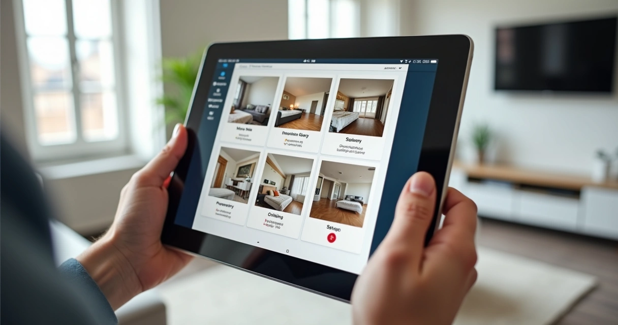 Checklist digital de vistoria em imóvel com fotos num tablet