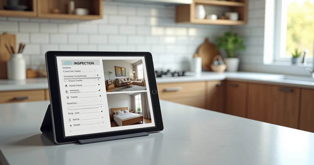 Vistoria digital em imóvel com fotos e checklist na tela 
