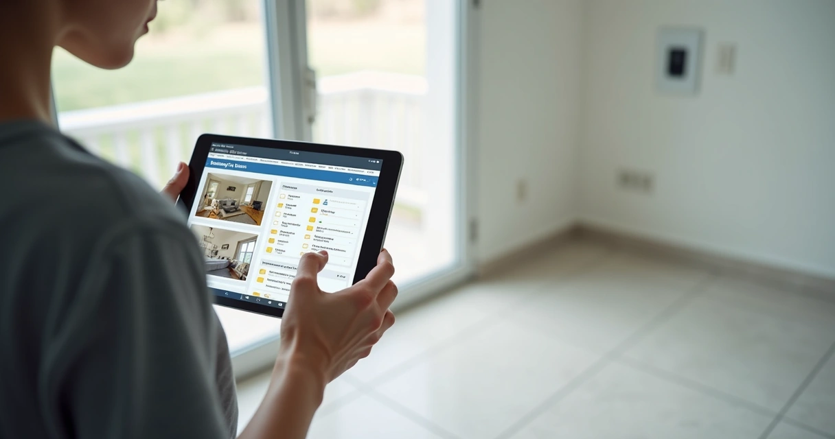 Vistoria digital detalhada com tablet em imóvel, parede, tomada e piso em destaque