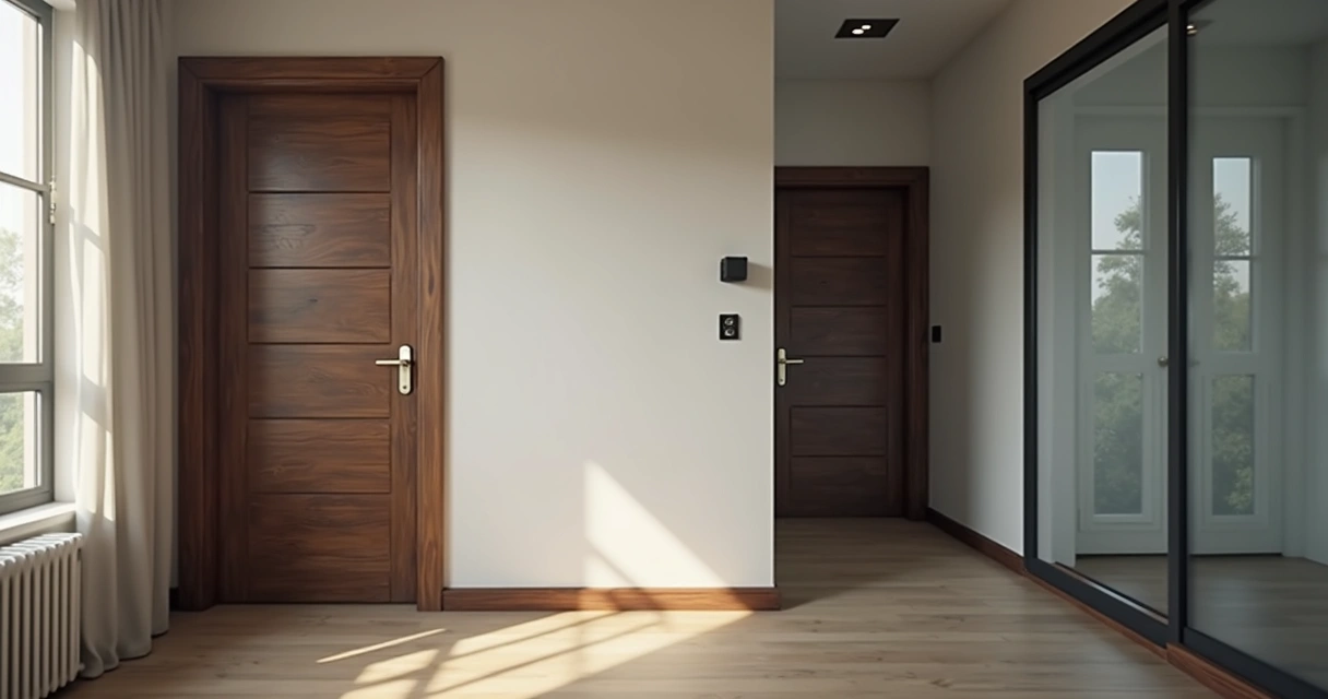 Profissional realizando vistoria detalhada em apartamento com tablet e câmera, registrando parede, porta e janela