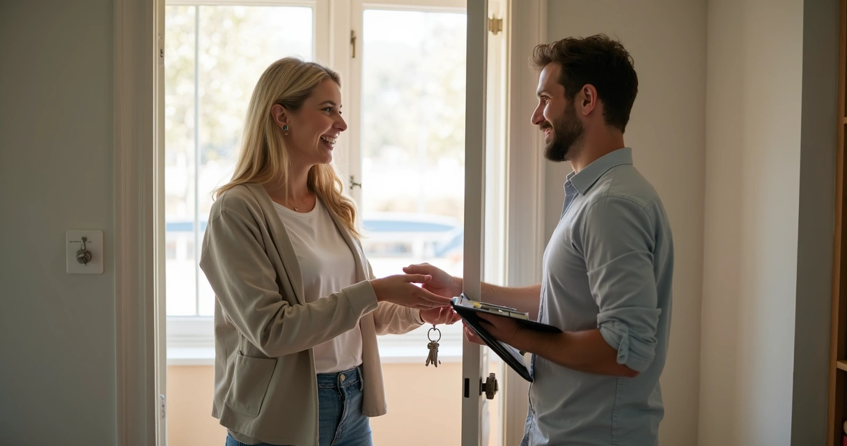 Inquilino entregando chaves de imóvel limpo ao proprietário após vistoria de saída. 