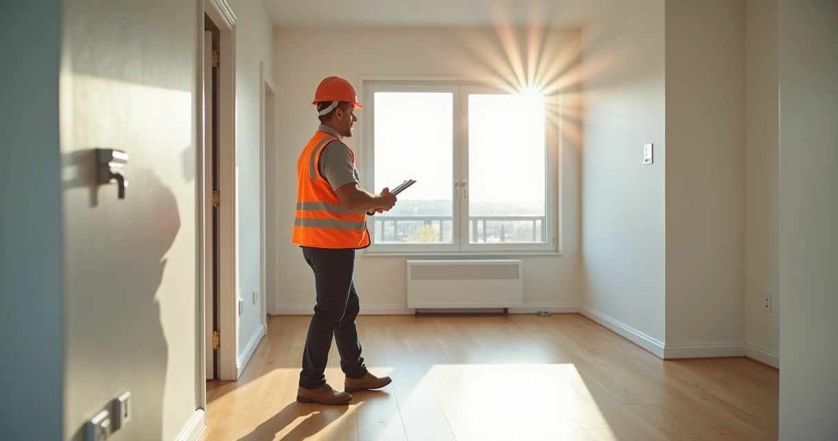 Engenheiro vistoriando apartamento antes da entrega. 