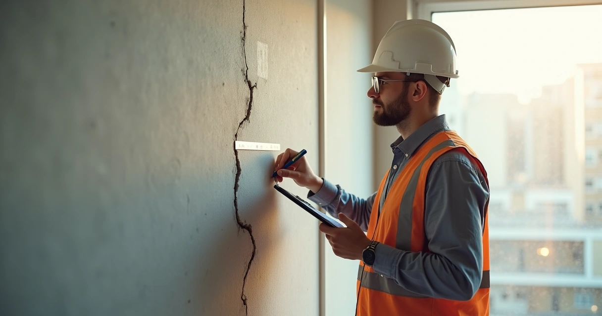 Engenheiro civil inspeciona parede com fissura em apartamento 
