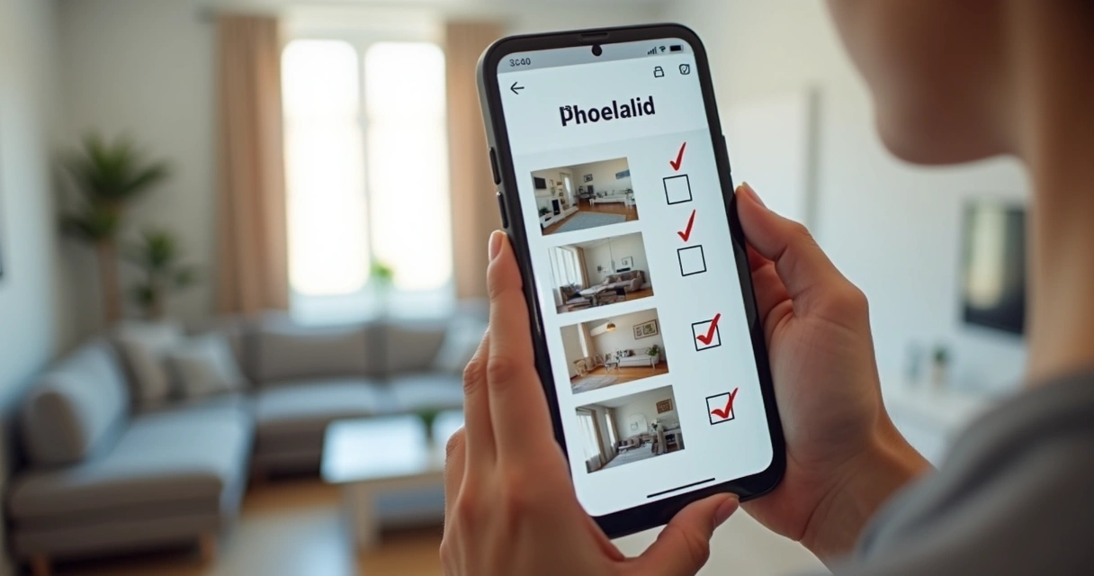Checklist digital de vistoria de aluguel sendo usado em smartphone em ambiente residencial. 