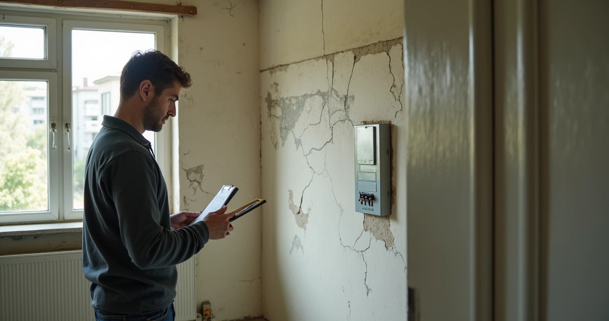 Perito observando apartamento com prancheta e sinais de desgaste