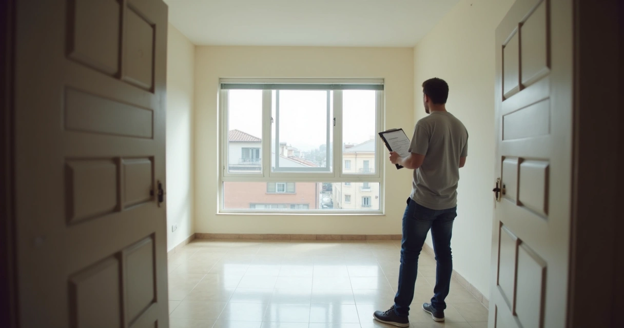 Corretor vistoriando apartamento vazio com documentos em mãos 