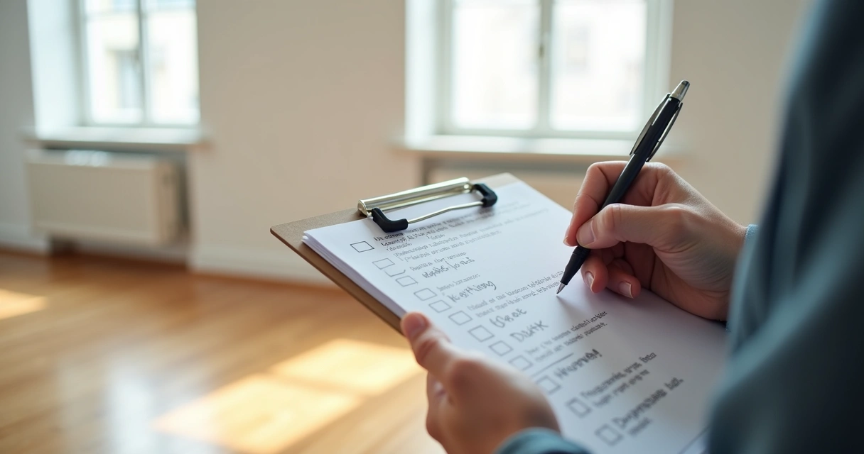 Pessoa avaliando lista de verificação durante vistoria imobiliária 