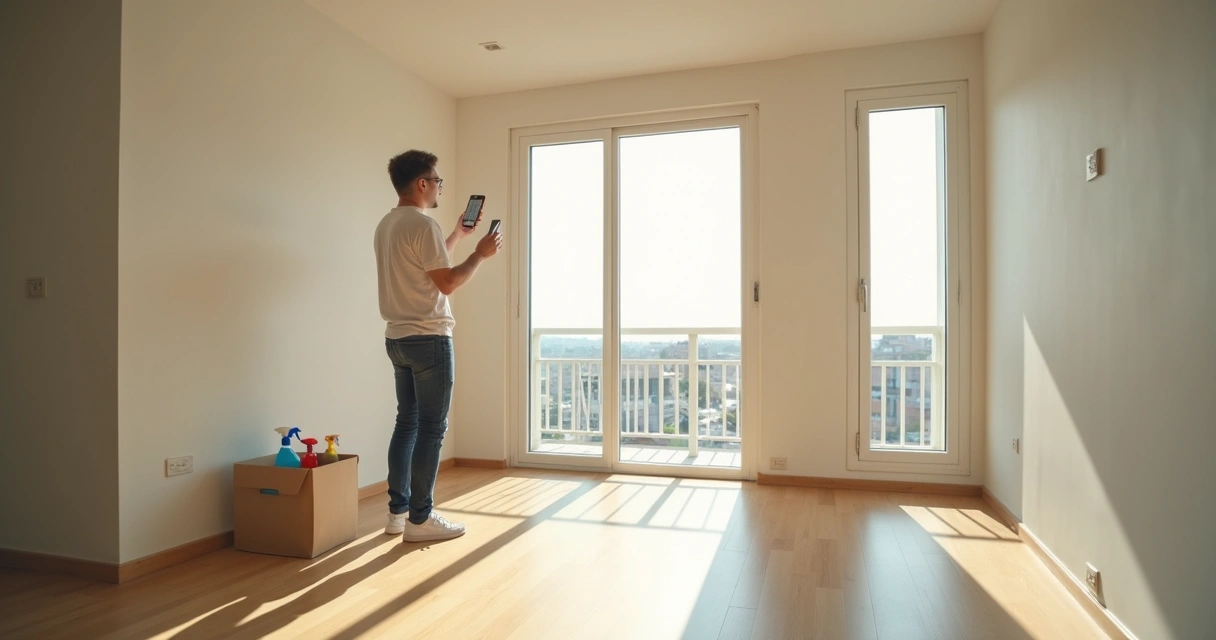 Pessoa preenchendo checklist de vistoria em imóvel com celular na mão 