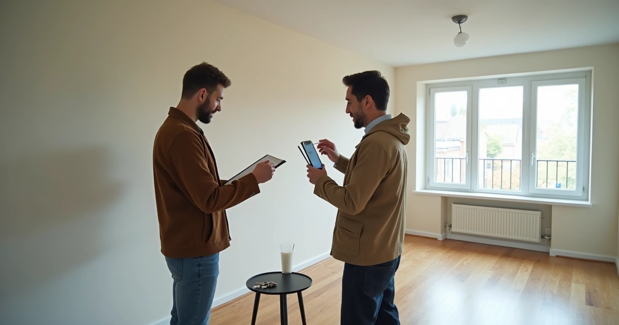 Vistoria conjunta de imóvel com prancheta e câmera 