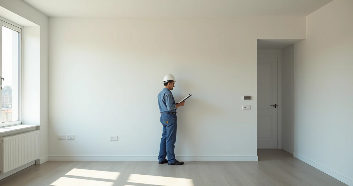 Profissional realizando vistoria em apartamento novo, observando paredes e instalações