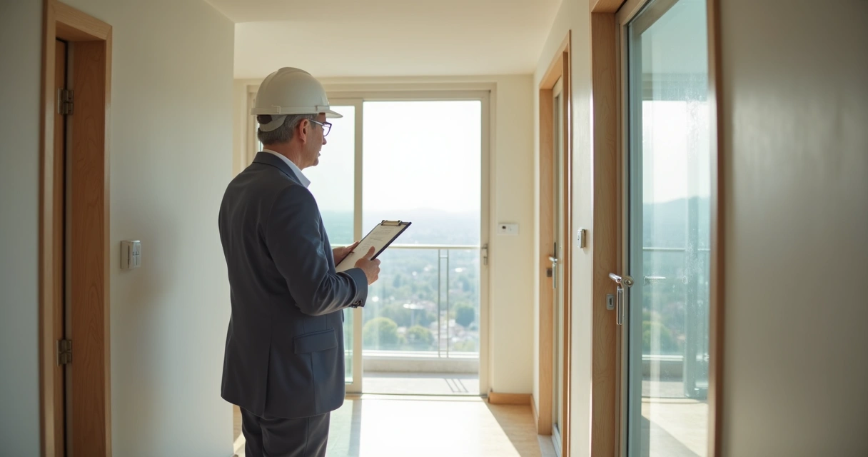 Engenheiro vistoriando apartamento novo antes da entrega 
