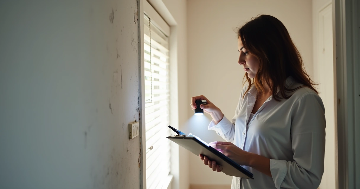 Pessoa inspecionando imóvel usado com prancheta e lanterna em cômodo com parede branca 