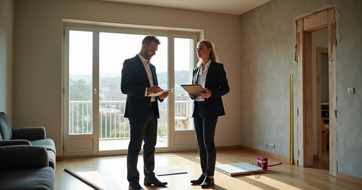Engenheiros realizando vistoria técnica em imóvel durante perícia. 