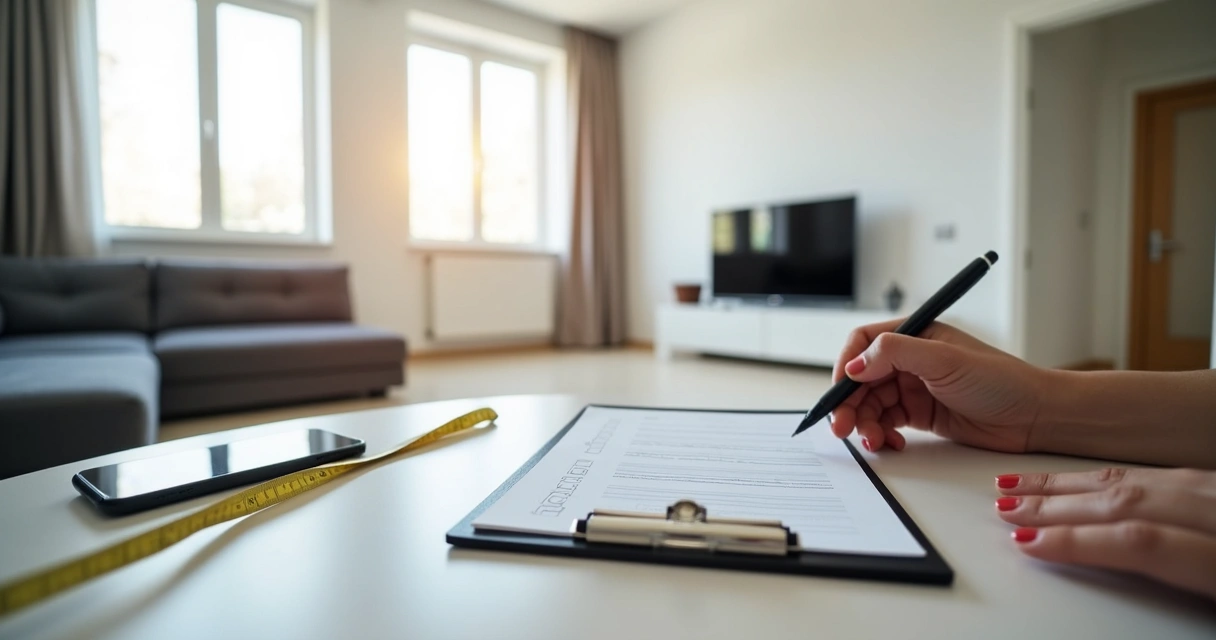 Vistoria de imóvel com prancheta e sala ao fundo 