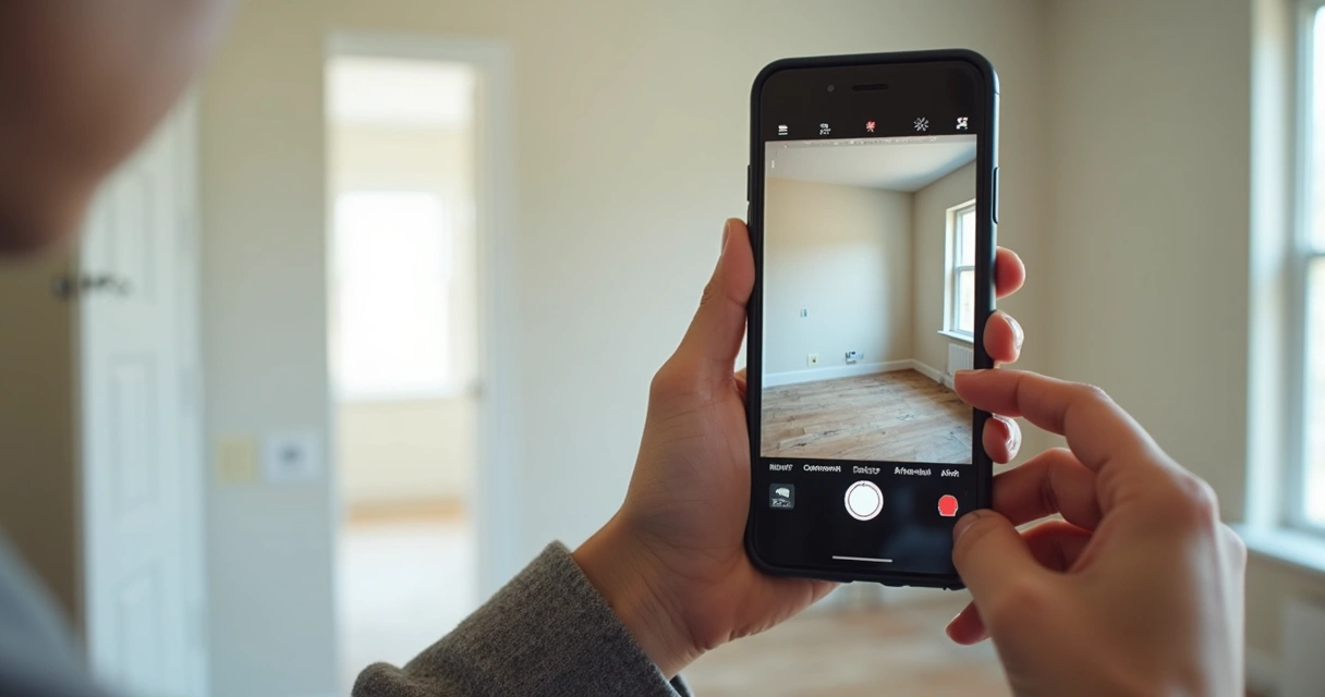 Pessoa tirando fotos detalhadas em cômodo de apartamento para vistoria do imóvel 