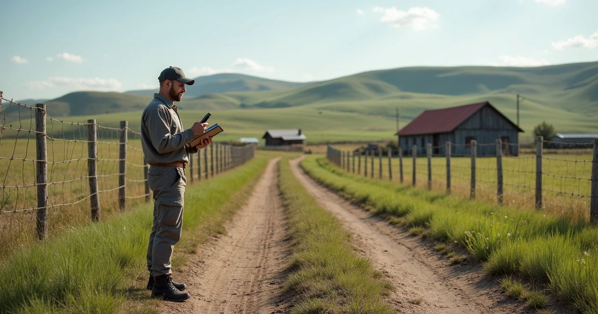 Perito em vistoria de área rural com prancheta e GPS