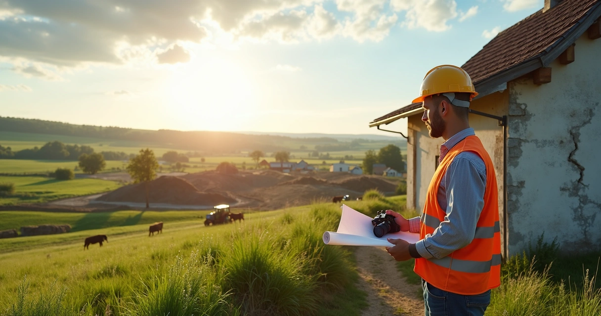 Engenheiro examinando imóvel rural ao lado de construção 