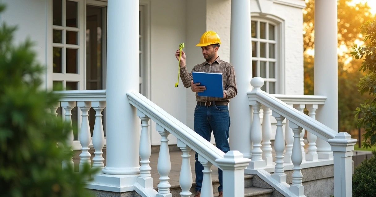 Engenheiro inspecionando imóvel residencial, escada e trena na varanda, imóvel pintado de branco 