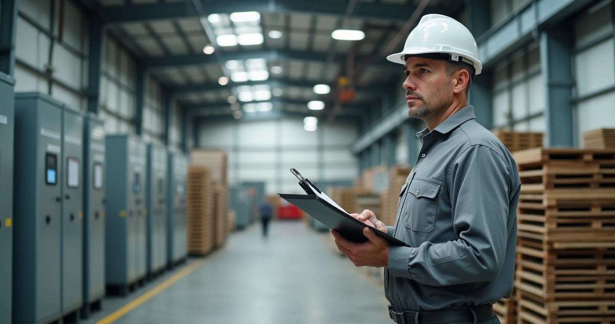 Vistoria de equipamentos industriais com prancheta
