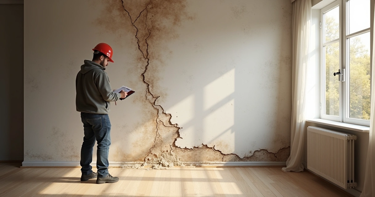 Engenheiro vistoriando mancha de infiltração em parede interna 