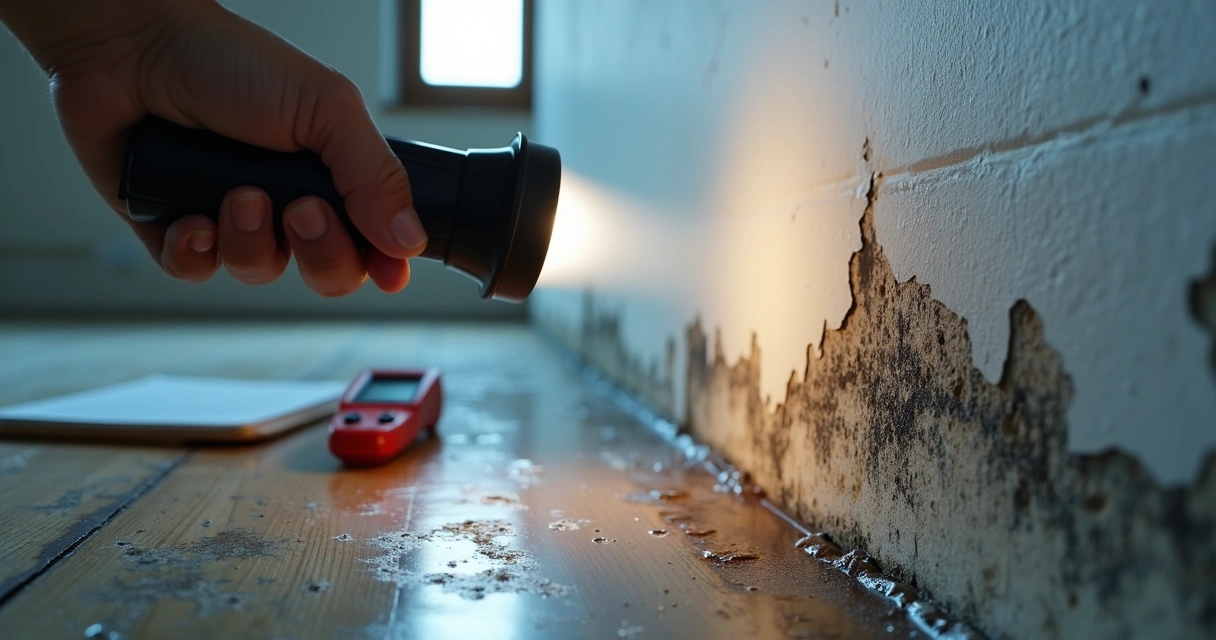 Parede interna com infiltração visível, mostrando manchas de umidade e descascamento de tinta 