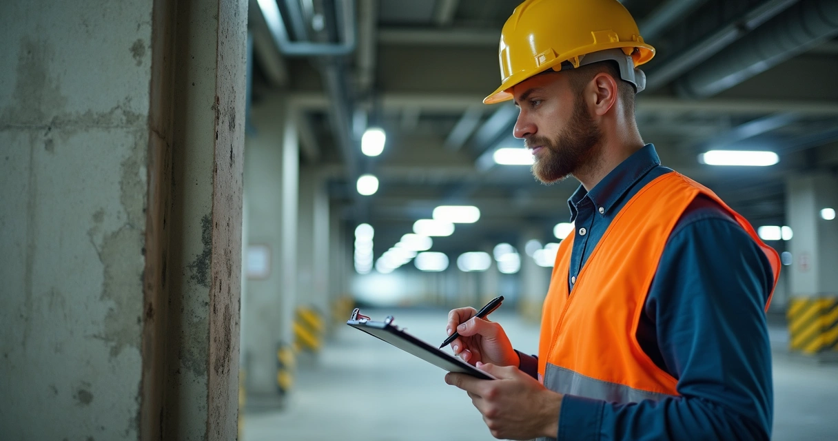 Engenheiro realizando inspeção em viga de concreto 