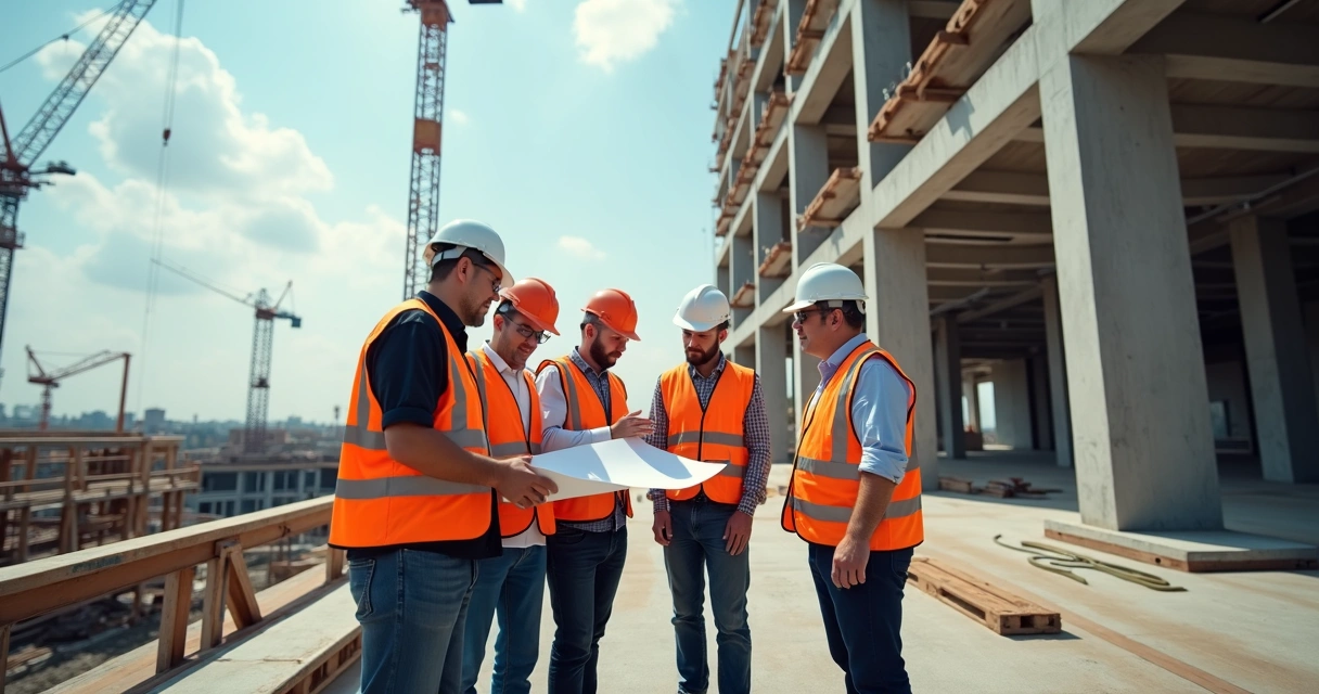 Equipe em inspeção técnica em área de obra civil 