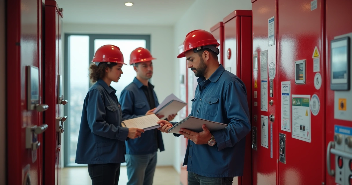 Equipe técnica analisando equipamentos de segurança em sala de condomínio 