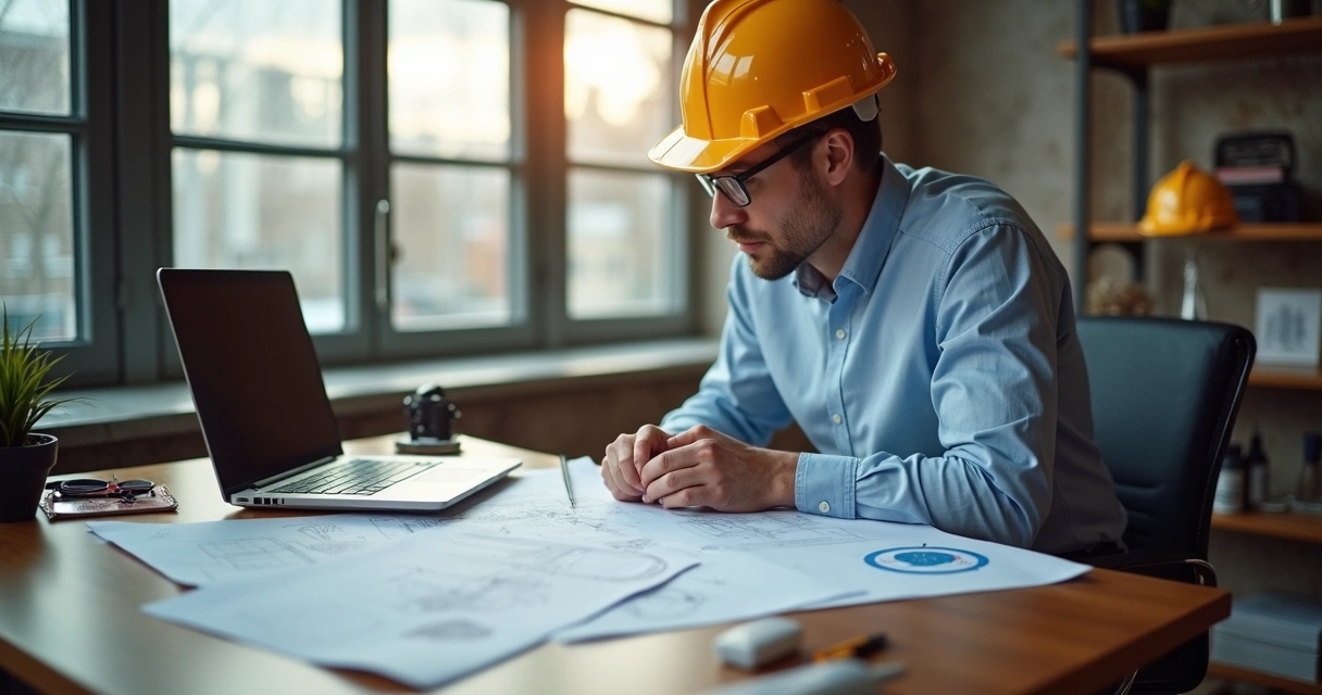 Engenheiro civil analisando documentação de perícia em ambiente profissional 