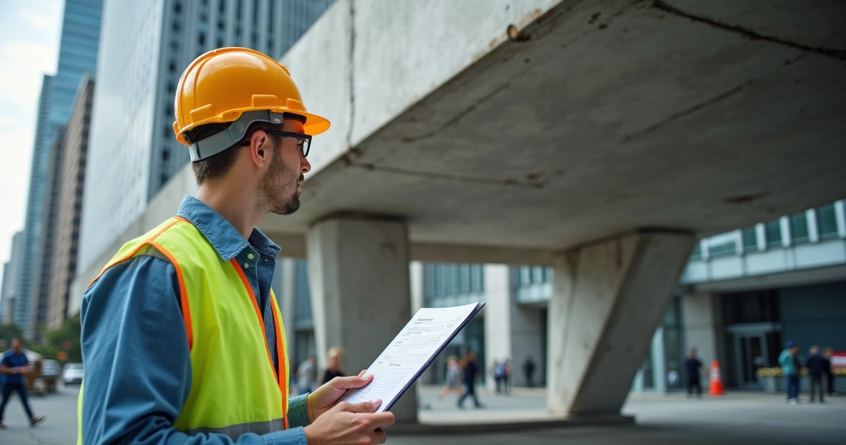 Engenheiro inspecionando marquise com prancheta em construção urbana 