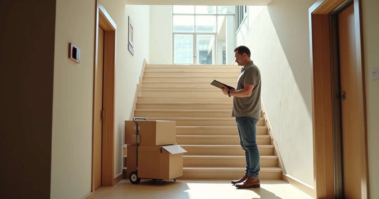 Profissional avaliando escada e elevador em prédio para mudança 