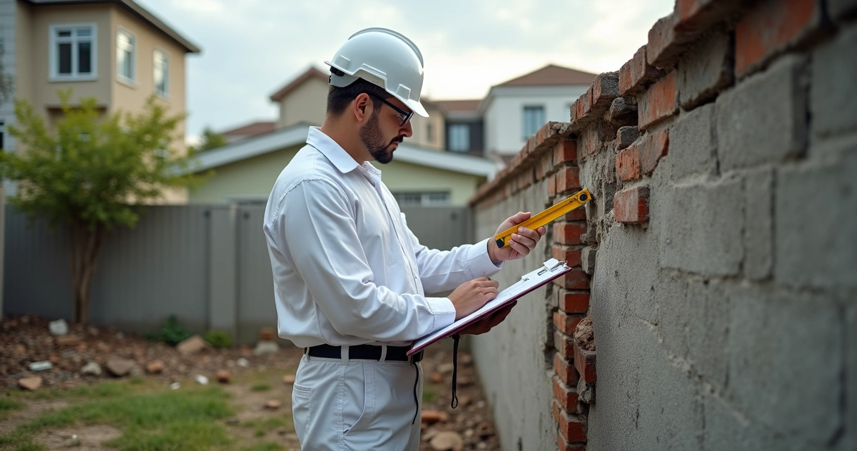 Engenheiro faz vistoria em muro desabado com equipamentos de medição 