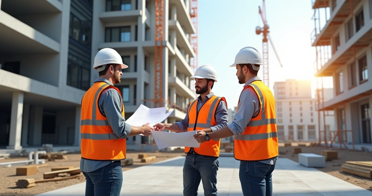 Equipe de engenheiros vistoriando construção civil 