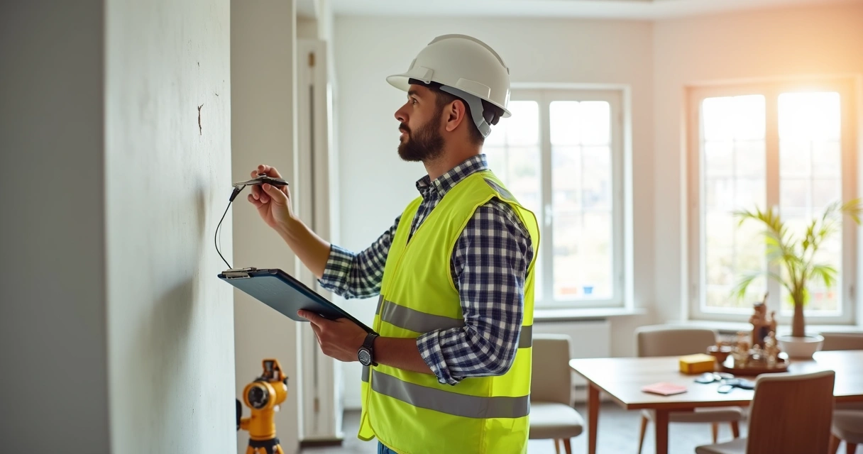 Engenheiro avaliando parede em imóvel residencial durante vistoria cautelar 