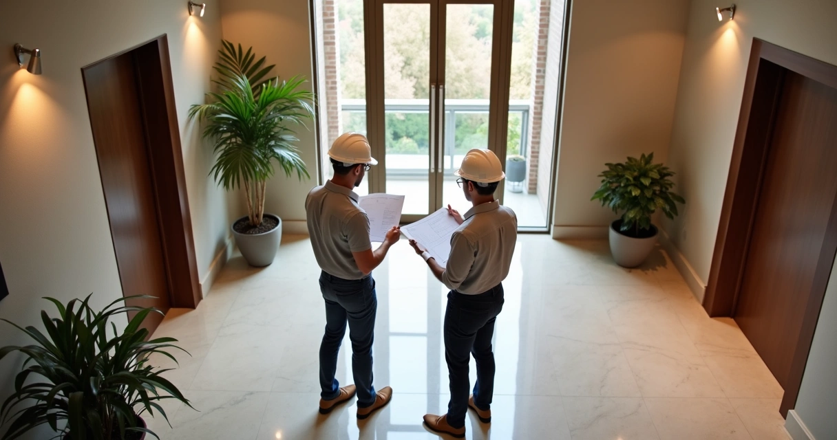 Equipe de engenharia inspecionando área comum de um condomínio 