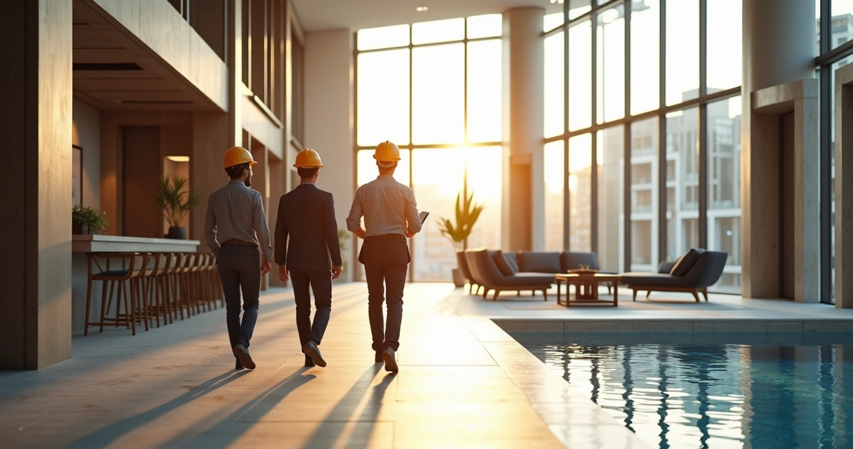 Equipe de engenheiros vistoriando áreas comuns de condomínio, como salão de festas e piscina 