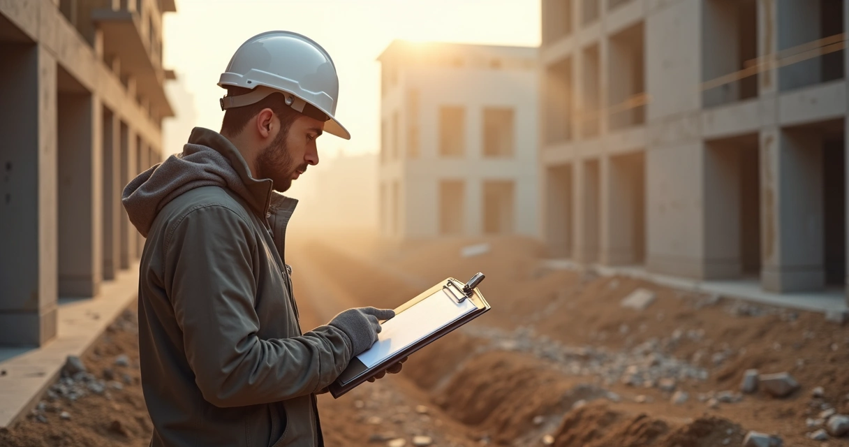 Engenheiro com prancheta inspecionando construção 