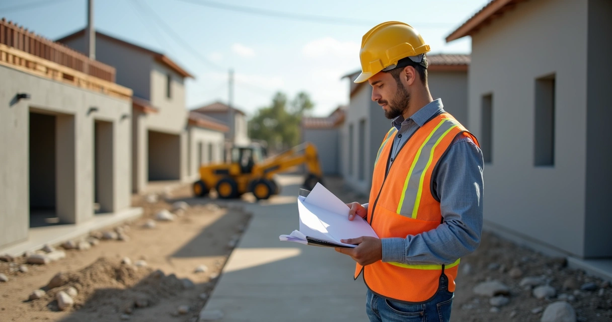 Engenheiro municipal realizando vistoria em obra residencial 