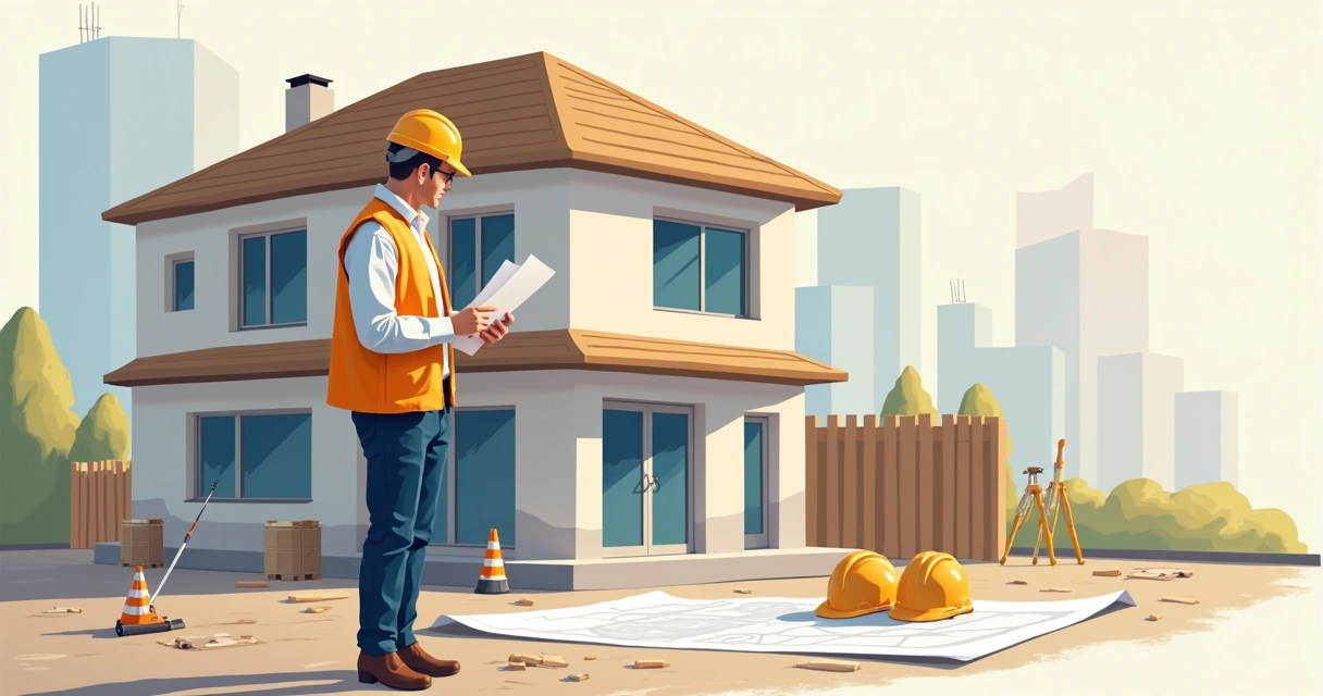 Agente da prefeitura vistoriando obra de casa em construção 