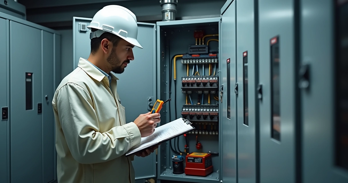 Perito examinando painel elétrico com instrumentos de medição 