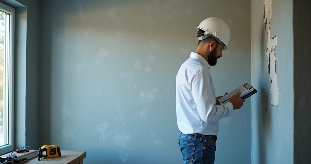 Engenheiro realizando inspeção em parede com sinais de infiltração 