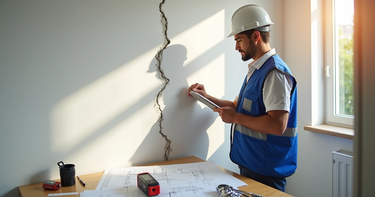 Engenheiro analisa trinca em parede durante vistoria residencial 