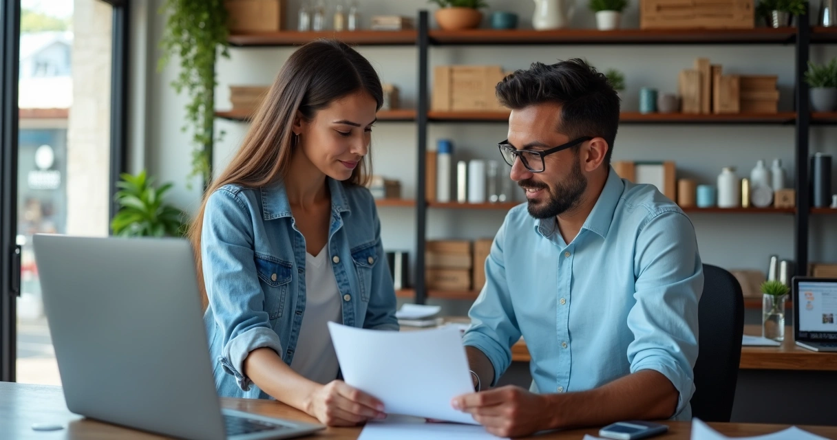 Corretor analisando pequena empresa com estoque e computadores